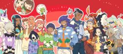  6+boys 6+girls ;d absurdres allister_(pokemon) annotated arm_behind_head arm_grab asymmetrical_bangs asymmetrical_hair bad_id bad_pixiv_id bea_(pokemon) beard bede_(pokemon) black_hair blue_eyes blue_hair brother_and_sister brothers brown_eyes brown_hair casual centiskorch character_print charizard christmas christmas_sweater clenched_hand closed_eyes commentary dark-skinned_female dark-skinned_male dark_skin drednaw duraludon earrings eldegoss eyewear_on_head facial_hair falinks frown galarian_rapidash galarian_yamask glasses gloria_(pokemon) gordie_(pokemon) green_eyes green_hair grey_eyes grey_hair grin hair_ornament hairband half-closed_eyes hat heart heart_hair_ornament highres holding holding_pokedex holding_pokemon hoop_earrings hop_(pokemon) inset jewelry jirachi kabu_(pokemon) leon_(pokemon) long_hair long_sleeves marnie_(pokemon) mask medium_hair melony_(pokemon) milo_(pokemon) morpeko morpeko_(full) mother_and_son multiple_boys multiple_girls musical_note namakawa nessa_(pokemon) obstagoon on_head one_eye_closed opal_(pokemon) open_mouth outline pants piers_(pokemon) pink_hair pokedex pokemon pokemon_(creature) pokemon_on_head pokemon_swsh ponytail raihan_(pokemon) red_headwear red_scarf rotom rotom_phone santa_hat scarf short_hair siblings skirt smile sonia_(pokemon) striped_clothes striped_scarf sunglasses sweatdrop sweater thumbs_up twintails ugly_sweater undercut victor_(pokemon) white_hair white_hairband white_outline wooloo yamper yellow_eyes 