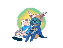  1boy adventure_time antlers blonde_hair blue_shirt blue_shorts boots closed_mouth colored_sclera colored_skin domino_mask female finn_the_human full_body gloves green_eyes green_hair green_sclera green_skin hat highres horns huntress_wizard leaf looking_at_another mask mechanical_arms plant_hair rariatto_(ganguri) shirt shorts simple_background single_glove single_mechanical_arm sitting slit_pupils smile 