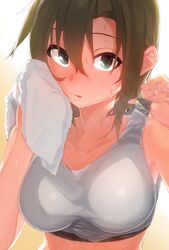  apple_(ygbhjdbiulsg) backlighting blonde_hair breasts female green_eyes highres idolmaster idolmaster_cinderella_girls large_breasts looking_at_viewer messy_hair midriff_peek parted_lips shirt_tug simple_background solo sports_bra sweat tada_riina towel wet wet_hair white_sports_bra wiping wiping_face wiping_sweat 