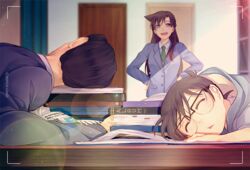  2boys :d blue_jacket blurry blurry_background book brown_hair collared_shirt commentary_request desk door edogawa_conan female glasses green_necktie hand_on_own_hip jacket lens_flare long_hair long_sleeves meitantei_conan monicanc mouri_kogoro mouri_ran multiple_boys necktie open_mouth over-rim_eyewear purple_eyes school_desk school_uniform semi-rimless_eyewear shirt sleeping smile teitan_high_school_uniform twitter_username white_shirt wing_collar 