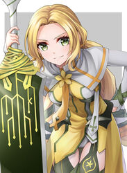  blonde_hair border breasts capelet closed_mouth cowboy_shot dress female green_eyes grey_background grey_capelet hair_intakes holding holding_sword holding_weapon inubouzaki_fuu leaning_forward leotard long_hair long_sleeves looking_at_viewer magical_girl medium_breasts smile solo standing sword ten_(tenchan_man) thigh_gap very_long_hair weapon white_border white_leotard yellow_dress yuuki_yuuna_wa_yuusha_de_aru yuusha_de_aru 