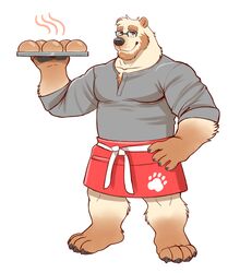  2020 absurd_res adios anthro apron bear bread brown_body brown_fur clothing eyewear food fur glasses hi_res humanoid_hands male mammal polar_bear shirt simple_background solo topwear ursine white_background 