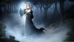  2022 7:4 adobe_photoshop_(artwork) alternate_species bare_shoulders barefoot black_sclera blue_eyes braided_hair breasts cleavage clothed clothing colored conditional_dnp detailed_background digital_media_(artwork) dress feet female fog forest ghost glowing glowing_eyes grey_hair hair hi_res holding_lantern holding_object human humanoid lamp lantern mammal night not_furry open_clothing open_shirt open_topwear outside plant shirt solo spirit text tom_fischbach topwear tree twokinds url will-o&#039;-the-wisp willow_wisp 