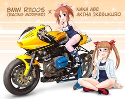  2girls abe_nana absurdres blue_one-piece_swimsuit blunt_bangs bmw bmw_r1100s boots breasts brown_background brown_eyes brown_hair character_name coat commentary flick_(sal23) glasses hair_ribbon highres holding holding_wrench idolmaster idolmaster_cinderella_girls ikebukuro_akiha index_finger_raised indian_style lab_coat logo long_hair looking_at_viewer motor_vehicle motorcycle multiple_girls name_tag old_school_swimsuit on_ground on_motorcycle one-piece_swimsuit open_mouth pink-framed_eyewear pink_thighhighs ponytail ratchet_wrench red_footwear red_ribbon ribbon school_swimsuit semi-rimless_eyewear shadow shoes short_hair sidelocks sitting sleeves_rolled_up small_breasts smile sneakers starry_background swimsuit thighhighs twitter_username under-rim_eyewear white_coat white_footwear white_ribbon wrench 