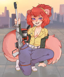  arkane_studios big_tail breasts cleavage clothed clothing cosplay deathloop eurasian_red_squirrel female gun kayla_squirrel mammal microsoft ranged_weapon rodent sciurid tail tree_squirrel weapon wiporu 