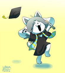  anthro canid canine clothed clothing diploma felid feline graduation graduation_cap graduation_robe hair hi_res mammal open_mouth pawpads paws pinkcappanda simple_background smile tem temmie_(undertale) topwear undertale undertale_(series) white_body 