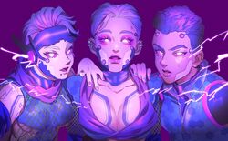  3girls air_orchid_valkyrie animification apex_legends bangalore_(apex_legends) breasts cleavage colored_sclera colored_skin commentary cyberpunk cyborg ear_piercing eyeshadow eyewear_on_head glowing glowing_eyes hand_on_another&#039;s_shoulder highres kogane_mushi large_breasts loba_(apex_legends) makeup medium_breasts multiple_girls official_alternate_costume open_mouth piercing purple_background purple_eyeshadow purple_hair purple_reign_loba purple_sclera purple_skin purple_theme short_hair symbol-only_commentary valkyrie_(apex_legends) violet_veteran_bangalore visor white_eyes 