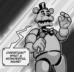  2022 animatronic anthro bear black_background bow_tie chris_chan clothing dialogue electronics emanata english_text eyebrows five_nights_at_freddy&#039;s freddy_(fnaf) galactabee grey_background greyscale hat headgear headwear holding_microphone holding_object humor machine male mammal meme microphone monochrome offscreen_character open_mouth pattern_background robot scottgames simple_background solo standing striped_background talking_to_another teeth text top_hat 