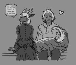  2023 ais05 anthro black_nose black_sclera clothed clothing digital_media_(artwork) dragon duo female fur furred_dragon furred_scalie gilgamesh_(paledrake) hair hi_res horn human hybrid lilith_(paledrake) male mammal monochrome mythological_creature mythological_scalie mythology paledrake scales scalie simple_background tail text unknown_species white_hair 