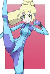  blonde_hair blue_bodysuit blunt_bangs bodysuit commentary commission cosplay english_commentary female foot_out_of_frame green_eyes high_kick highres kicking leg_up lillie_(pokemon) long_hair metroid pokemon pokemon_sm ponytail red_background samus_aran siczak skin_tight smile zero_suit 