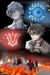  3boys black_hair blue_eyes chaldea_logo command_spell commentary_request doro_(kura-chou) fate/grand_order fate_(series) female fire fujimaru_ritsuka_(male) fujimaru_ritsuka_(male)_(decisive_battle_chaldea_uniform) grey_eyes highres marisbury_animusphere mash_kyrielight multiple_boys one_eye_covered shield solomon_(fate) white_hair 