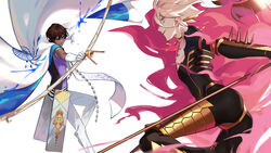  2boys 676643396dolce agni_gandiva arjuna_(fate) battle bishounen bodysuit bow_(weapon) brown_hair cape commentary_request dark-skinned_male dark_skin drawing_bow fate/apocrypha fate/grand_order fate_(series) fur_cape gloves highres holding holding_bow_(weapon) holding_weapon karna_(fate) multiple_boys pale_skin photoshop_(medium) polearm spear vasavi_shakti_(fate) weapon white_cape white_gloves white_hair 