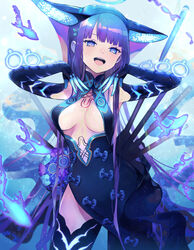  bare_shoulders blue_dress blue_eyes blue_fire blue_gloves blue_headwear blue_thighhighs blunt_bangs blush breasts center_opening dress elbow_gloves fate/grand_order fate_(series) female fire fish floral_print gloves hair_ornament halo hands_up highres large_breasts leaf_hair_ornament long_hair looking_at_viewer natsuiro_xx open_mouth purple_hair sash smile solo thighhighs thighs very_long_hair yang_guifei_(fate) yang_guifei_(third_ascension)_(fate) 