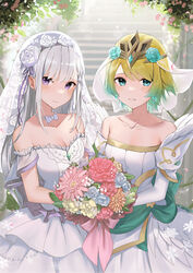  2girls blonde_hair blue_hair blurry blurry_background blush bouquet breasts bridal_veil choker cleavage collarbone commentary_request dress earrings emilia_(re:zero) feather_trim fire_emblem fire_emblem_heroes fjorm_(bridal)_(fire_emblem) fjorm_(fire_emblem) flower frills gold_trim haru_(nakajou-28) highres holding jewelry long_hair looking_at_viewer md5_mismatch medium_breasts multicolored_hair multiple_girls official_alternate_costume parted_lips partial_commentary petals pointy_ears purple_eyes re:zero_kara_hajimeru_isekai_seikatsu see-through short_hair sidelocks simple_background smile snowflakes source_mismatch stairs strapless strapless_dress takahashi_rie tiara two-tone_hair veil voice_actor_connection wedding_dress white_dress 