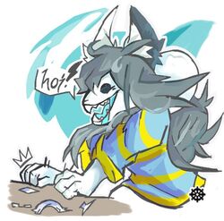  anthro bodily_fluids canid canine clothed clothing dangerous fangs felid feline fur hair mammal open_mouth saliva scary sharp_teeth simple_background smile teeth tem temmie_(undertale) text topwear undertale undertale_(series) white_body white_fur 