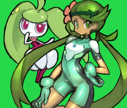  bodysuit closed_mouth commentary dakusuta dark_skin female flower gloves green_eyes green_hair hair_flower hair_ornament highres long_hair looking_at_viewer mallow_(pokemon) pokemon pokemon_(anime) pokemon_(creature) pokemon_sm_(anime) simple_background smile steenee twintails ultra_guardians_uniform 