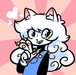  anthro clawdia_(newtypehero) clothed clothing curled_hair fangs felid feline female gesture grey_eyes hair hand_gesture heart_symbol inner_ear_fluff lightning_bolt long_hair low_res mammal newtype_hero newtypehero overalls pawpads radiating_background solo teeth tuft v_sign white_hair 