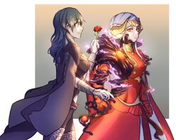  2girls blue_eyes blue_hair byleth_(female)_(fire_emblem) byleth_(fire_emblem) carnation edelgard_von_hresvelg edelgard_von_hresvelg_(hegemon_husk) fire_emblem fire_emblem:_three_houses fire_emblem_heroes flower giving giving_flower grey_hair highres holding holding_flower horns leggings medium_hair multiple_girls red_carnation red_eyes red_flower short_hair shorts smile usbgrumble yuri 