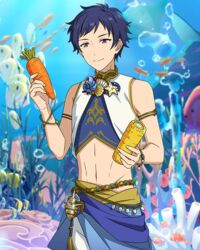  1boy air_bubble bare_shoulders blue_hair bubble butterflyfish carrot closed_mouth coral coral_reef corn cowboy_shot dark_blue_hair ensemble_stars! fingernails fish fushimi_yuzuru hand_up happy_elements holding holding_carrot holding_corn male_focus manta_ray mole mole_under_eye moorish_idol multicolored_hair navel official_art purple_eyes shell short_bangs short_hair sleeveless solo split-color_hair stomach third-party_source tropical_fish 