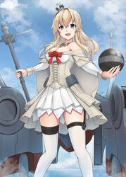  black_hairband blonde_hair blue_eyes blue_sky braid cloud corset crown dress duplicate feet_out_of_frame female flower garter_straps globus_cruciger hairband half_up_braid highres kantai_collection kodama_(mmt_uf) long_hair long_sleeves looking_at_viewer machinery mini_crown off-shoulder_dress off_shoulder pixel-perfect_duplicate red_flower red_ribbon red_rose ribbon rose scepter sky smile solo standing thighhighs warspite_(kancolle) white_dress white_thighhighs 