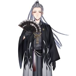  1boy amagahuchi_orochi bad_source braid braided_ponytail brown_eyes full_body grey_hair hand_fan japanese_clothes maha5 maha5japan male_focus official_art solo traditional_clothes virtual_youtuber white_background 