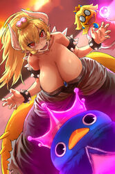  armlet bird black_collar black_dress blonde_hair bowsette bracelet breasts cleavage collar cosplay crown dress fingernails haraya_manawari highres horns huge_breasts jewelry kamek king_penguin_(mario) magikoopa mario_(series) new_super_mario_bros._u_deluxe penguin princess_peach princess_peach_(cosplay) red_eyes sharp_fingernails sharp_teeth skirt spiked_armlet spiked_bracelet spiked_collar spiked_shell spiked_tail spikes strapless strapless_dress super_crown tail teeth the_super_mario_bros._movie turtle_shell 