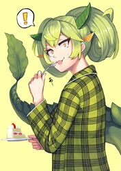  ! absurdres alternate_costume bad_id bad_pixiv_id cake commentary curly_hair dragon_girl dragon_tail duel_monster eating female fingernails food green_hair hair_between_eyes highres holding holding_plate holding_spoon long_hair long_sleeves open_mouth orange_eyes pajamas parlor_dragonmaid plaid plaid_pajamas plaid_shirt plate rari_(badominton) shirt solo spoken_exclamation_mark spoon strawberry_shortcake sweatdrop tail yu-gi-oh! 