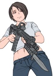  ar-15 assault_rifle bayonet breasts brown_eyes brown_hair expressionless female from_below grey_shirt groin gun hair_over_one_eye highres kzm_(sub-moa_works) magazine_(weapon) medium_breasts midriff muzzle_device navel original rifle shirt short_hair solo weapon white_background 