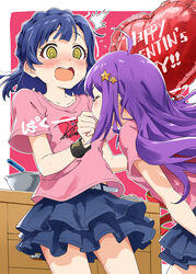  2girls @_@ ahoge arm_at_side ayano_yuu_(sonma_1426) balloon belt blue_hair blue_skirt blush border bracelet braid closed_eyes collarbone cowboy_shot crown_braid dot_nose facing_another finger_sucking flying_sweatdrops hair_ornament happy_valentine heart_balloon highres idolmaster idolmaster_million_live! jewelry layered_skirt legs_apart long_bangs long_hair looking_at_another medium_hair miniskirt mixing_bowl mochizuki_anna multiple_girls nanao_yuriko nose_blush open_mouth outside_border pink_shirt pleated_skirt print_shirt purple_hair raised_eyebrows shirt short_sleeves skirt star_(symbol) star_hair_ornament straight_hair surprised t-shirt teeth upper_teeth_only white_belt white_border yellow_eyes 