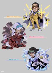  3boys absurdres bad_id bad_twitter_id black_hair borsalino_(kizaru) character_name chibi crystal_sword facial_hair fighting_stance full_body hair_slicked_back hat highres ice irohero kuzan_(aokiji) lava light_rays lips male_focus marine_uniform_(one_piece) mature_male multiple_boys one_piece open_clothes open_shirt orange-tinted_eyewear pants partially_unbuttoned pectorals photokinesis sakazuki_(akainu) sleep_mask stubble sunglasses sword tinted_eyewear weapon white_pants 