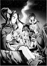  1boy 3girls animal_ears belt_buckle boots bow buckle cape closed_eyes filo_(tate_no_yuusha_no_nariagari) floating_hair food greyscale hair_intakes hairbow holding holding_food iwatani_naofumi long_hair long_sleeves melty_q_melromarc minami_seira miniskirt monochrome multiple_girls non-web_source novel_illustration official_art pants raccoon_ears raccoon_girl raphtalia sandwiched sitting skirt sky smoke standing star_(sky) starry_sky sweatdrop tate_no_yuusha_no_nariagari triangle_mouth twintails very_long_hair 