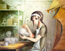  1boy akuru_(akr369akr) androgynous apron bad_id bad_pixiv_id black_hair box headband indoors koga_norio long_hair looking_at_viewer male_focus narutaru otoko_no_ko prosthesis shelf short_sleeves sidelocks table teeth white_headband 