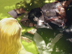  2boys black_hair edelgard_von_hresvelg female ferdinand_von_aegir fire_emblem fire_emblem:_three_houses highres hubert_von_vestra long_hair multiple_boys short_hair sleeping u_arca_u white_hair 