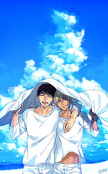  2boys :d amuro_tooru arm_around_shoulder black_hair blonde_hair blue_eyes blue_sky closed_eyes cloud collarbone commentary_request crossed_bangs dated day facial_hair hair_between_eyes hand_on_another&#039;s_shoulder happy holding holding_clothes holding_jacket jacket kouno_kb long_sleeves looking_at_viewer male_focus meitantei_conan midriff multiple_boys open_mouth outdoors pants scotch_(meitantei_conan) shirt short_hair signature sky smile stubble teeth upper_body white_jacket white_pants white_shirt 