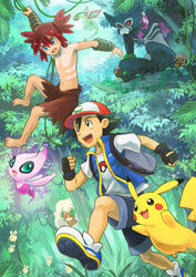  2boys :d akuru_(akr369akr) alternate_color bad_id bad_pixiv_id barefoot black_gloves blue_eyes celebi clenched_hand cutiefly day fingerless_gloves flygon forest gloves grass koko_(pokemon) male_focus multiple_boys nature open_mouth outdoors pikachu plant poke_ball_print pokemon pokemon_(anime) pokemon_(creature) pokemon_the_movie:_secrets_of_the_jungle print_shirt red_hair running satoshi_(pokemon) seedot shiny_pokemon shirt shoes shorts smile sneakers topless_male vines whimsicott white_shirt zarude zarude_(dada) 