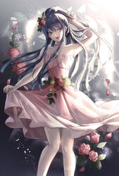  :d bare_arms bare_shoulders blue_eyes blue_hair commentary danganronpa:_trigger_happy_havoc danganronpa_(series) danganronpa_10th_anniversary_costume dress feet_out_of_frame female flower gradient_background grey_background hair_flower hair_ornament hairclip hand_in_own_hair hand_up highres long_hair looking_at_viewer maizono_sayaka official_alternate_costume open_mouth pantyhose petals ponytail red_flower school_uniform smile solo white_pantyhose z-epto_(chat-noir86) 