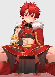  1boy alexander_(fate) blush braid fate/grand_order fate_(series) g1_(jjw00123) grin hair_between_eyes highres long_hair looking_at_viewer male_focus midriff navel red_eyes red_hair simple_background single_braid smile solo squatting white_background 