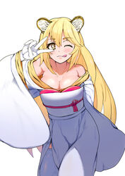  animal_ears arm_up blonde_hair breasts cleavage collarbone cowboy_shot fake_animal_ears female gloves hair_between_eyes japanese_clothes kimono large_breasts long_hair looking_at_viewer obi off_shoulder one_eye_closed sash shokuhou_misaki sikijou77o simple_background solo standing star-shaped_pupils star_(symbol) symbol-shaped_pupils thighhighs tiger_ears toaru_kagaku_no_railgun toaru_majutsu_no_index tongue tongue_out v white_background white_gloves white_kimono white_thighhighs wide_sleeves yellow_eyes 