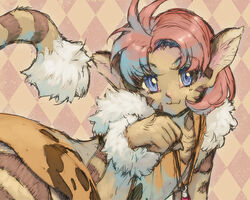  :3 animal_ears argyle_background brown_background cat_girl closed_mouth dark_skin female fur_trim light_smile merle_(tenkuu_no_escaflowne) ogasawara_tomy parted_bangs paw_pose pink_hair purple_eyes short_hair solo striped_tail tail tenkuu_no_escaflowne 