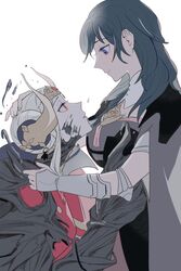  2girls bad_id bad_twitter_id bang_gu9 blue_eyes blue_hair byleth_(female)_(fire_emblem) byleth_(fire_emblem) corruption edelgard_von_hresvelg edelgard_von_hresvelg_(hegemon_husk) fire_emblem fire_emblem:_three_houses hand_on_another&#039;s_head highres horns korean_commentary long_hair looking_at_another looking_down looking_up multiple_girls red_eyes short_hair smile white_background white_hair yuri 