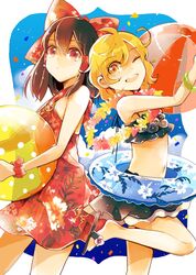  2girls ;d ahoge alternate_costume alternate_hairstyle arms_up artist_name azuma_aya ball bare_shoulders beachball bikini bikini_skirt black_bikini bow commentary_request confetti dress floral_print frilled_bikini frills hair_tubes hairbow hakurei_reimu holding holding_ball innertube kirisame_marisa leg_up looking_at_viewer multiple_girls navel no_legwear one_eye_closed open_mouth petite red_bow red_dress red_eyes round_teeth sandals short_hair sleeveless sleeveless_dress smile standing standing_on_one_leg stomach swim_ring swimsuit teeth touhou transparent 