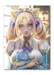  blackole blonde_hair border bow bowtie breasts brooch cafe_cuties_(league_of_legends) cafe_cuties_gwen cone_hair_bun dated drill_hair female grey_border gwen_(league_of_legends) hair_bun hairbow highres jewelry large_breasts league_of_legends long_hair long_sleeves looking_at_viewer maid maid_headdress multicolored_hair open_mouth parted_bangs pink_hair purple_bow purple_bowtie signature smile twin_drills twintails two-tone_hair 