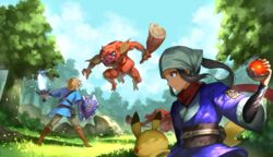  1boy akari_(pokemon) black_hair blue_tunic bokoblin boots brown_footwear brown_sash champion&#039;s_tunic_(zelda) closed_mouth cloud club_(weapon) commentary_request crossover danryoku_(ucrh3525) day falling_leaves female grass grey_headwear hand_up head_scarf holding holding_club holding_poke_ball holding_shield holding_sword holding_weapon hylian_shield jacket leaf link long_hair master_sword outdoors pants pikachu poke_ball poke_ball_(legends) pokemon pokemon_(creature) pokemon_legends:_arceus ponytail purple_jacket sash shield shirt sidelocks sky standing sword the_legend_of_zelda the_legend_of_zelda:_breath_of_the_wild tree weapon 