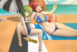  2girls aqua_eyes ball barefoot beach beachball bikini blue_bikini breasts day feet_out_of_frame green_hair hair_ribbon happy highres large_breasts looking_at_viewer multiple_girls navel noldvano one_eye_closed onozuka_komachi orange_eyes pink_hair ribbon rod_of_remorse school_swimsuit seaside shiki_eiki small_breasts smile swimsuit touhou towel twintails umbrella v white_polka_dots 