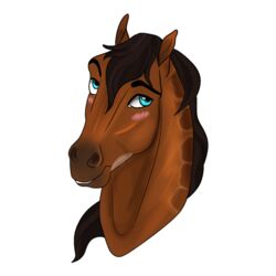  1:1 2022 alpha_channel amber18db ambiguous_gender blue_eyes blush brown_body brown_hair brown_mane digital_media_(artwork) dolero equid equine eyebrows feral hair headshot_portrait horse mammal mane portrait simple_background smile solo teeth 