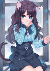  amamiya_chiharu animal_ears bell black_hair blue_eyes breasts cat_button cat_ears cat_tail female indoors jingle_bell long_hair long_sleeves medium_breasts original paw_pose sitting solo tail window 