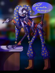  2023 4_arms animatronic bell caloxya clothing daycare_attendant_(fnaf) dialogue digital_media_(artwork) english_text extra_limbs fingers five_nights_at_freddy&#039;s five_nights_at_freddy&#039;s:_security_breach fool&#039;s_hat happy hat headgear headwear hi_res humanoid jester machine male moon_(fnaf) multi_arm multi_limb robot scottgames solo speech_bubble steel_wool_studios tall text 