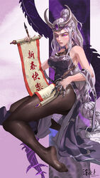  absurdres bare_shoulders black_dress black_pantyhose breasts calligraphy_brush china_dress chinese_clothes chinese_commentary claw_ring commentary_request dress fake_horns feet female grey_hair high_ponytail highres holding holding_brush holding_scroll horned_headwear horned_tiara horns large_breasts long_hair miao_ying paintbrush pantyhose partial_commentary pixiv_id purple_eyes scroll sidelocks sitting sleeveless sleeveless_dress solo tiara total_war total_war:_warhammer_3 translated tuweibu very_long_hair warhammer_fantasy 