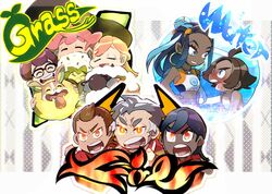  4boys 4girls ahoge black-framed_eyewear black_hair blue_eyes blue_eyeshadow blue_hair blush brown_hair closed_eyes commentary_request dark-skinned_female dark_skin eldegoss eye_contact eyelashes eyeshadow flaming_eyes freckles glasses grey_hair gym_trainer_(pokemon) hair_bun hand_on_own_hip holding holding_pokemon jewelry kabu_(pokemon) long_hair looking_at_another makeup milo_(pokemon) multicolored_hair multiple_boys multiple_girls navel necklace nessa_(pokemon) open_mouth pink_hair pokemon pokemon_(creature) pokemon_swsh red_shirt saiko_aida_(pkmn_soda) shirt single_hair_bun smile teeth tongue two-tone_hair wooloo yamper 