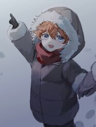  1boy bad_id bad_twitter_id blue_eyes coat commentary_request crossed_bangs fur-trimmed_coat fur_trim genshin_impact highres hood hood_up male_focus open_mouth orange_hair pointing red_scarf scarf smile snow solo teucer_(genshin_impact) umenoume 